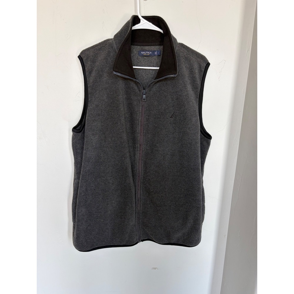 Nautica Mens Full Zip Fleece Vest Charcoal Gray Mock Neck Logo Large VDR E76 315